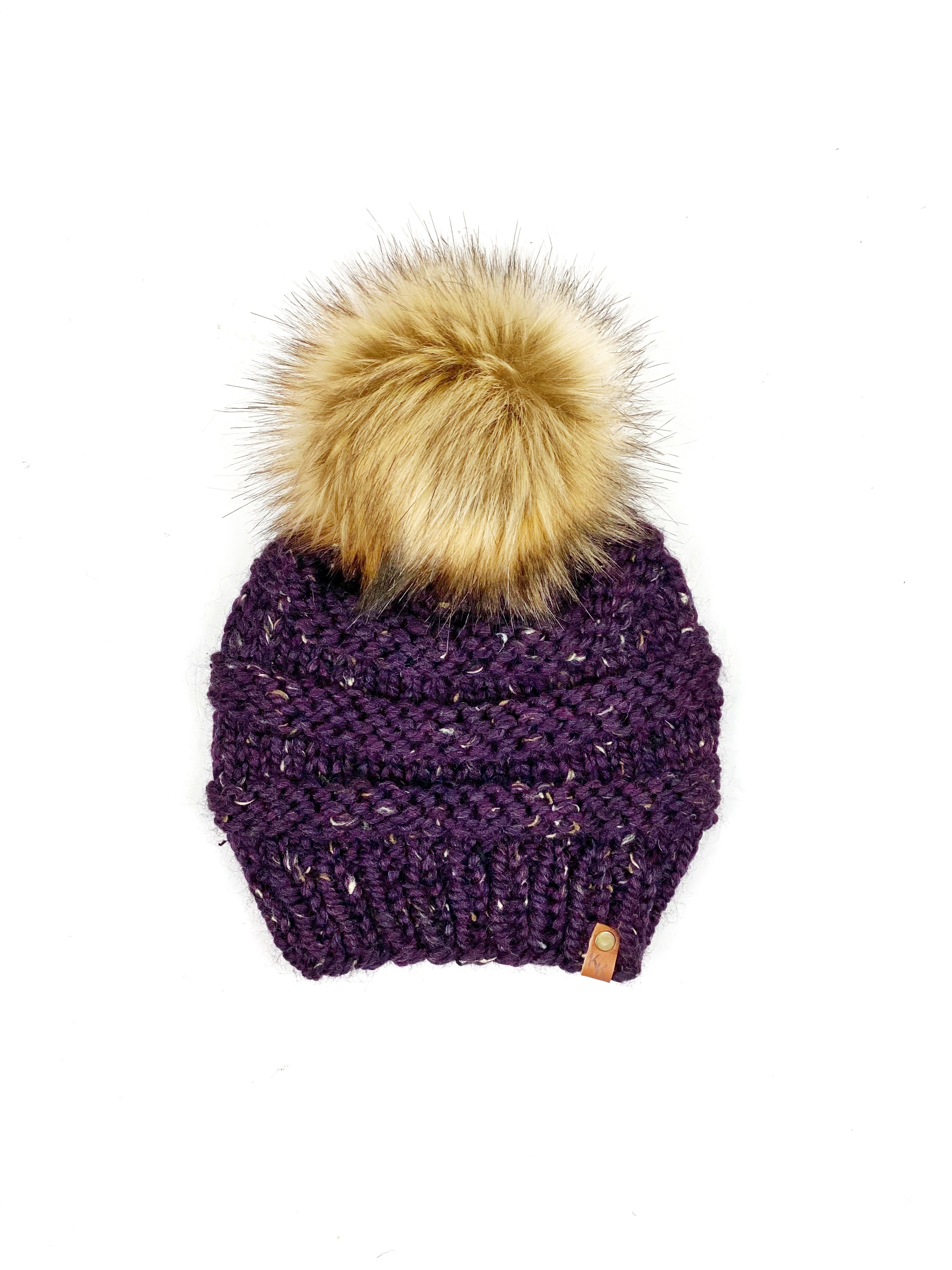 Freddie Beanie, Womens Knit Hat, Copy Cat Beanie, Wool Blend Toasted Marshmallow Faux Fur Pom