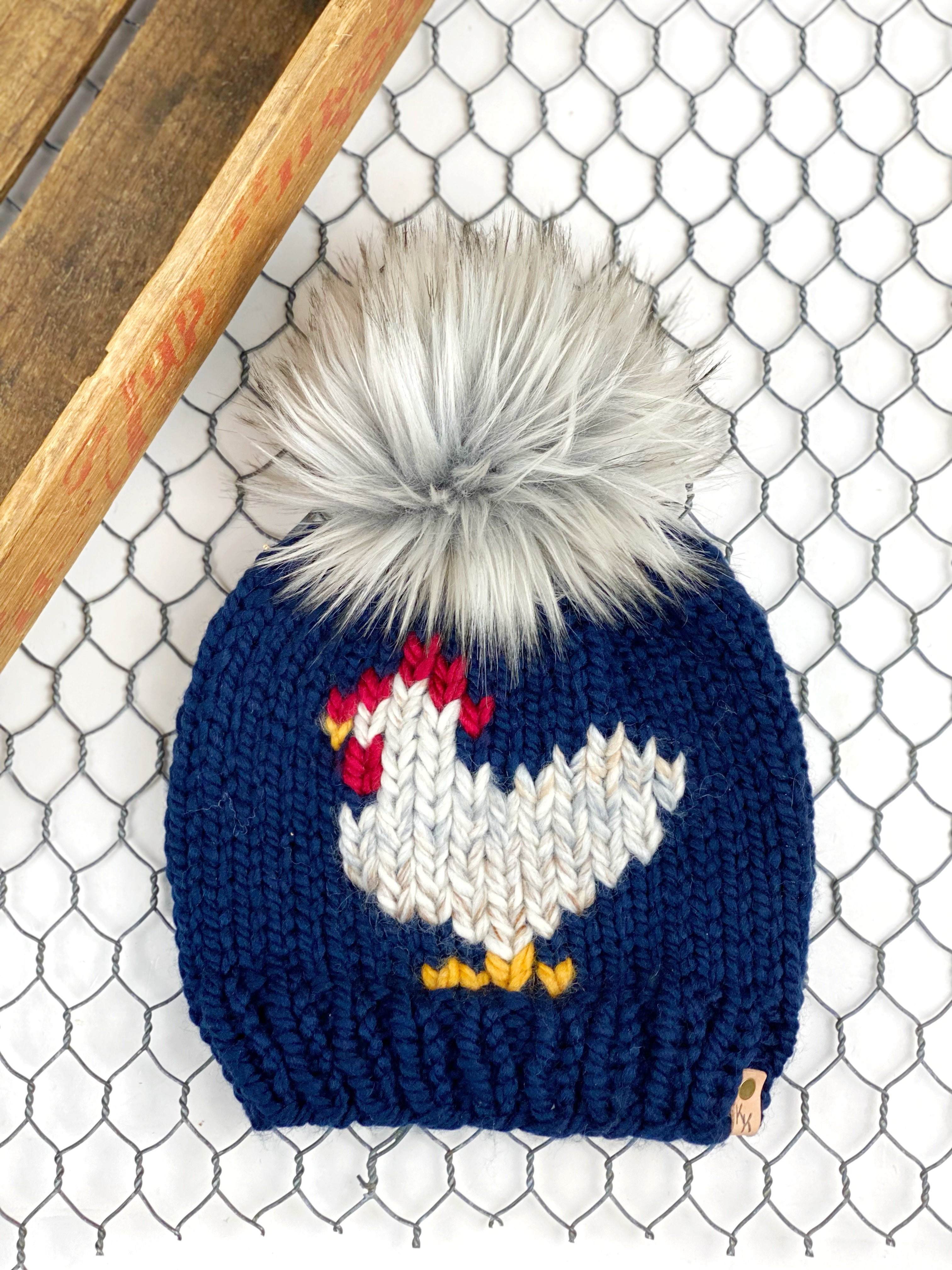 Navy Blue Chicken Beanie Wool Blend Womens Adult Hat Faux Fur Pom Pom Hat