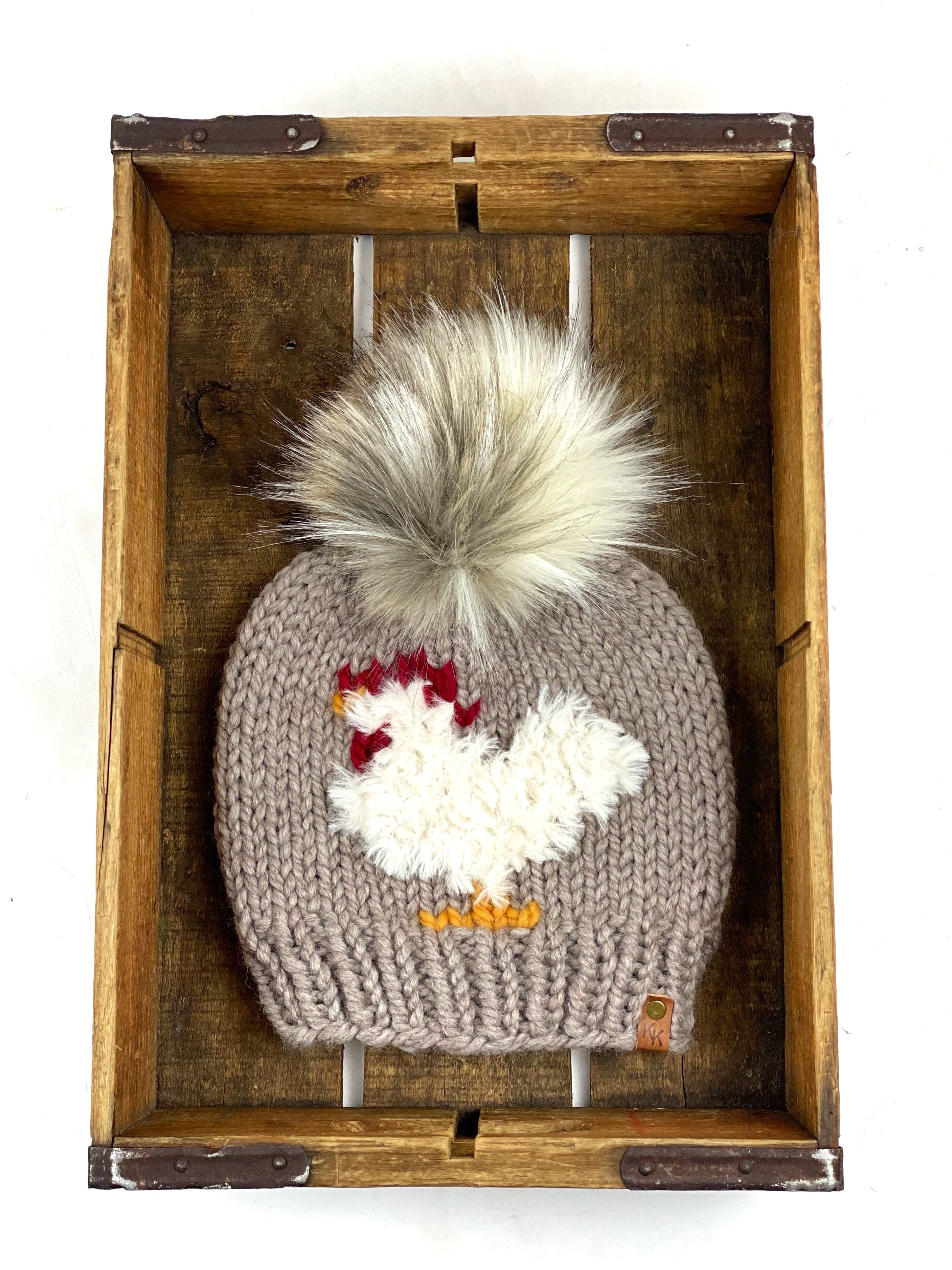 Furry Chicken Beanie Driftwood Wool Blend Womens Adult Hat Faux Fur Pom Pom Hat