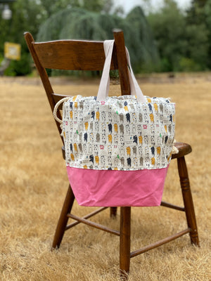 Clothesline Cats Waxed Canvas Project Bag, Whimsical Cats on a Clothes Line, Canvas Knitting Bag, Crochet Bag, Drawstring Bag