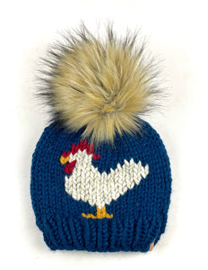 Knit Chicken Hat Beanie Petrol Blue Wool Blend Womens Adult Hat Faux Fur Pom Pom Hat