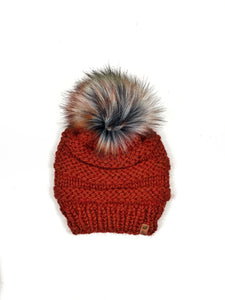 The Freddie Beanie, Womens Knit Hat, Copy Cat Beanie, Wool Blend Autumn Storm Faux Fur Pom