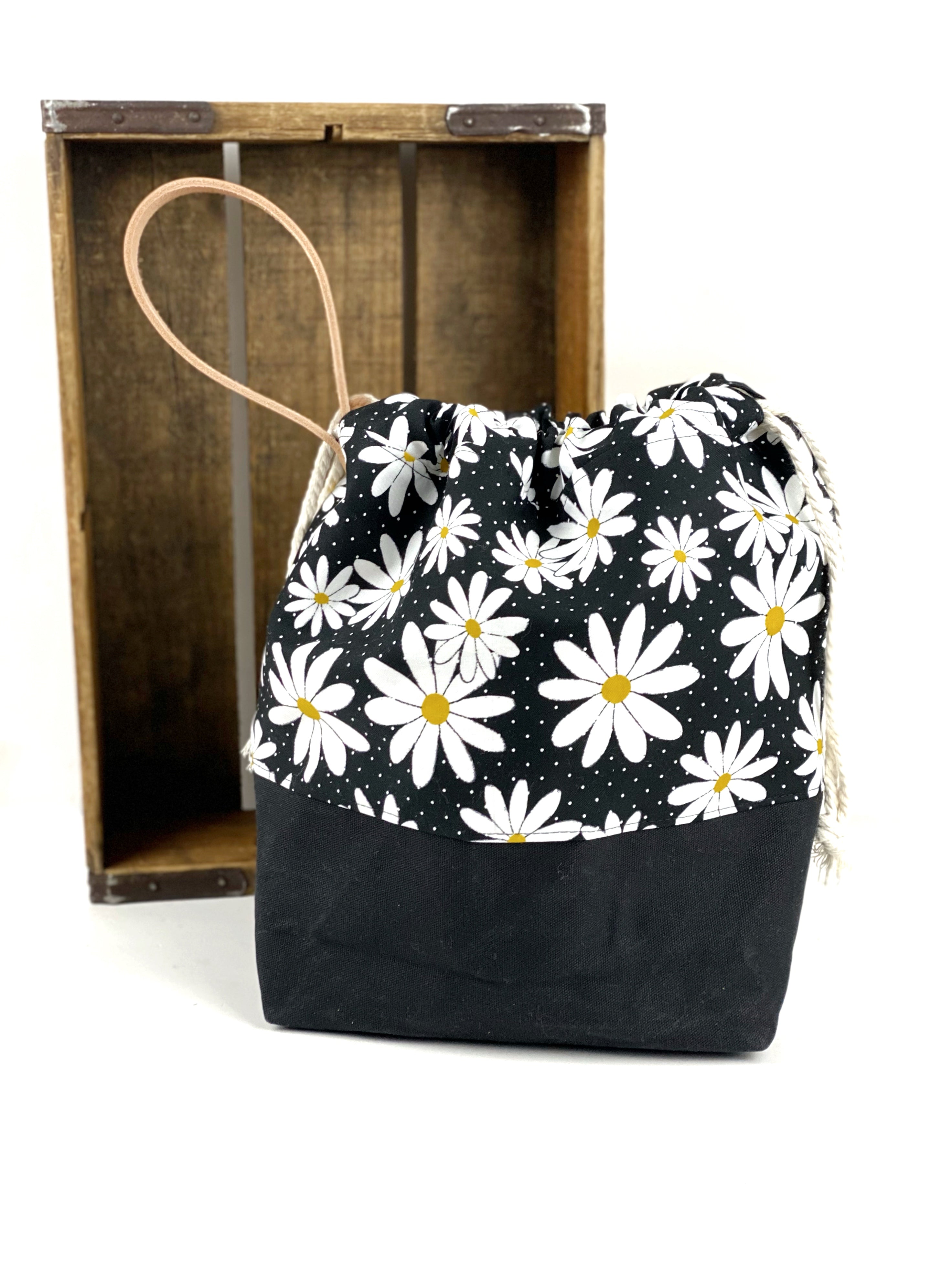 Daisies on Black Project Bag, Project Bag for Knitters, Knitting Bag, Black Floral Bag