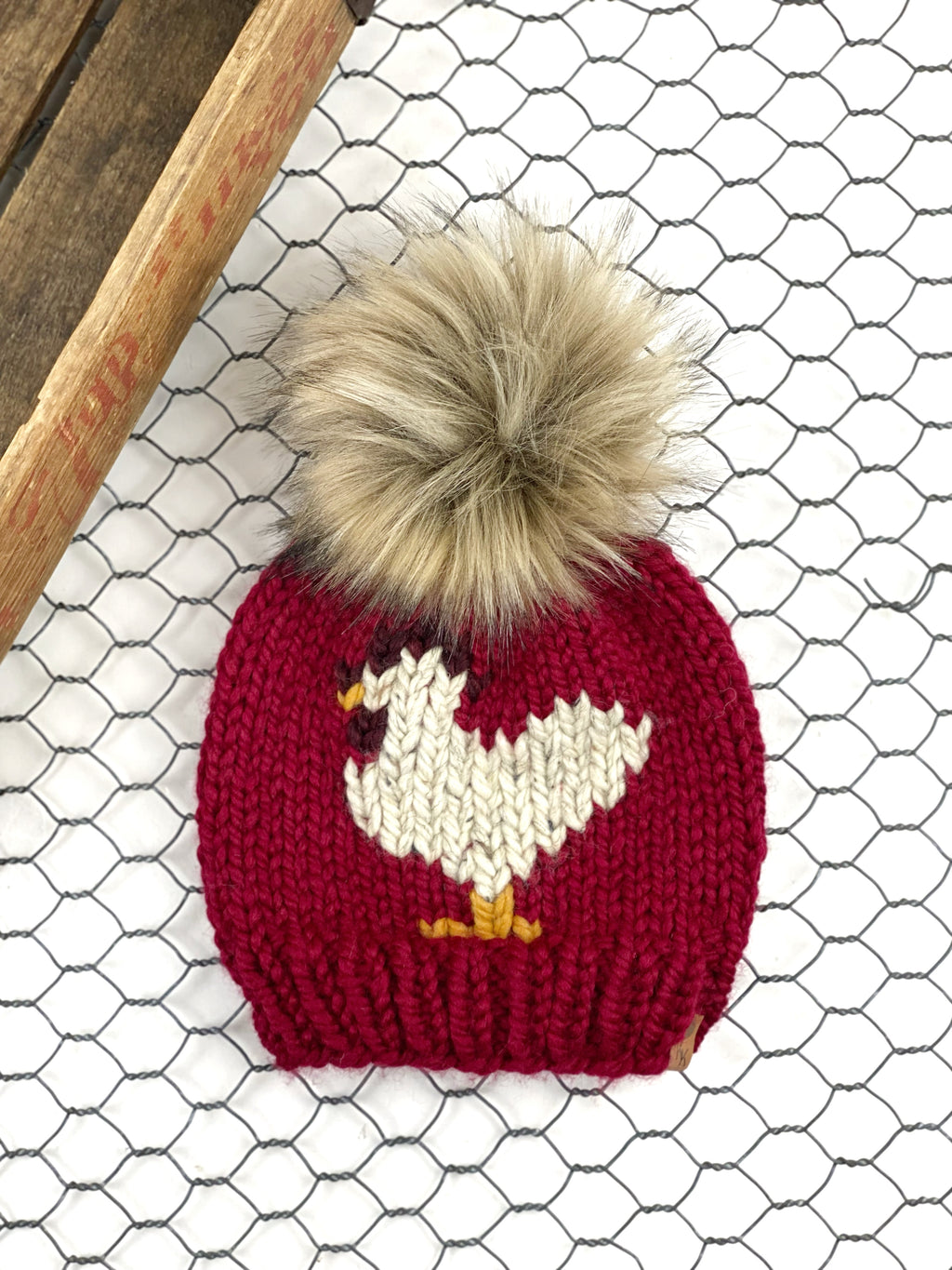Cranberry Red Chicken Beanie Wool Blend Womens Adult Hat Faux Fur Pom Pom Hat