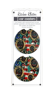 Sunflower Leopard USA Car Coasters Ceramic Stone Sublimation Set of 2