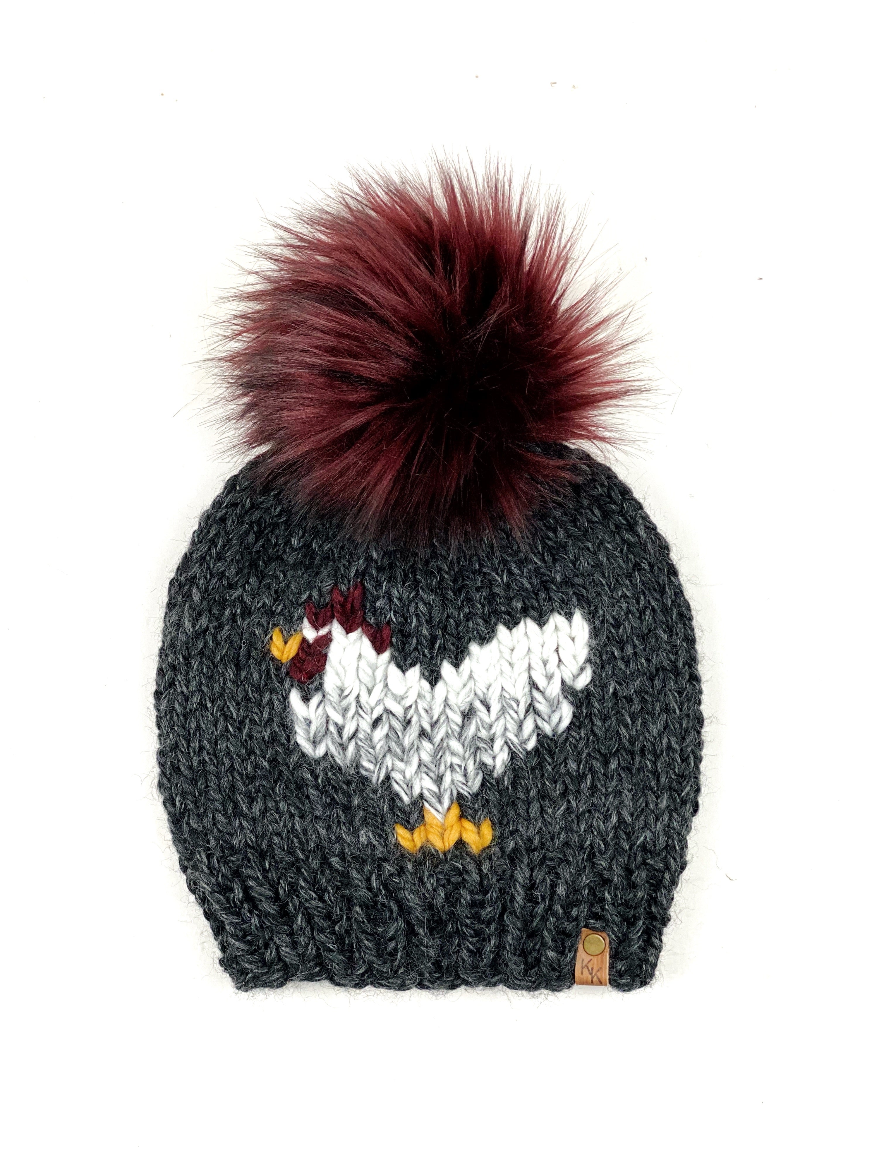 Chicken Hat Charcoal Marble Beanie Wool Blend Womens Adult Hat Faux Fur Pom Pom Hat