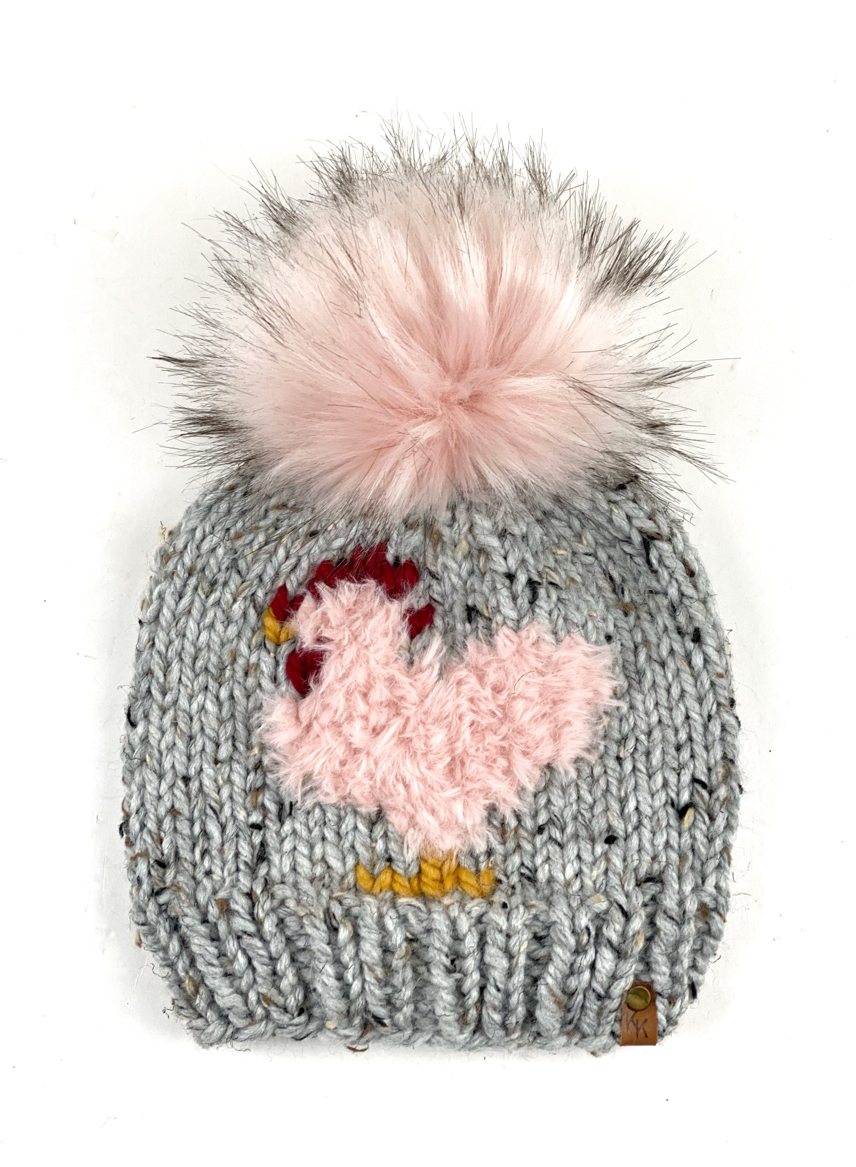 Grey Marble Knit Furry Pink or Sheep Chicken Beanie Wool Blend Womens Adult  Hat Faux Fur Pom Pom Hat