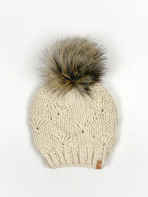 River Walk Beanie Hand Knit Wool Blend Faux Fur Pom Pom Hat - KitchenKlutter