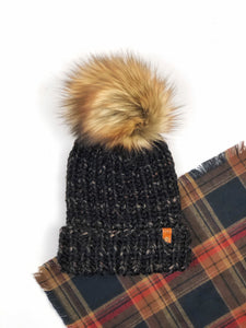 Folded Brim Super Bulky Hand Knit Beanie Faux Fur Pom - KitchenKlutter