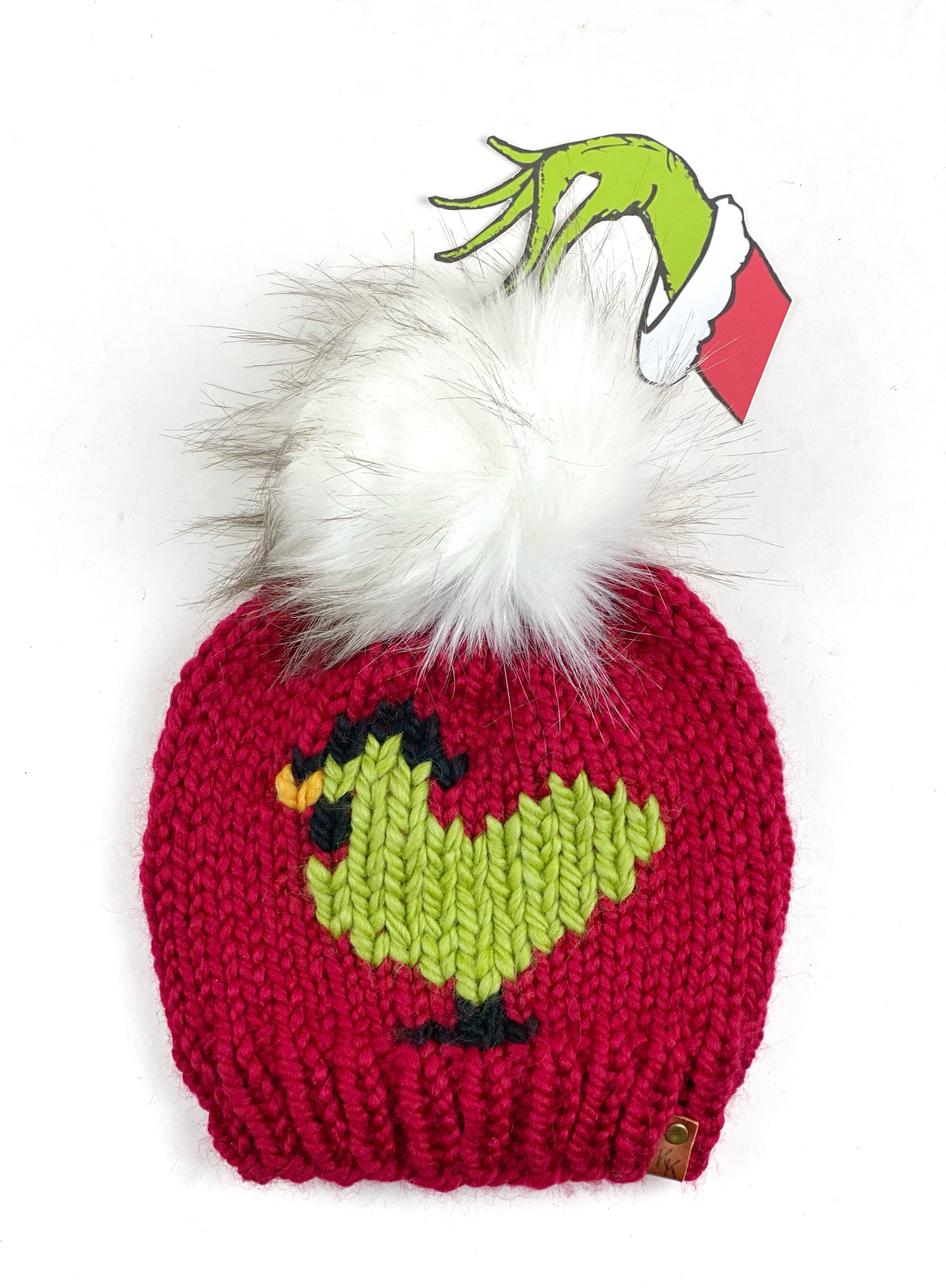 Christmas Themed Red Green Chicken Beanie Wool Blend Womens Adult Hat Faux Fur Pom Pom Hat
