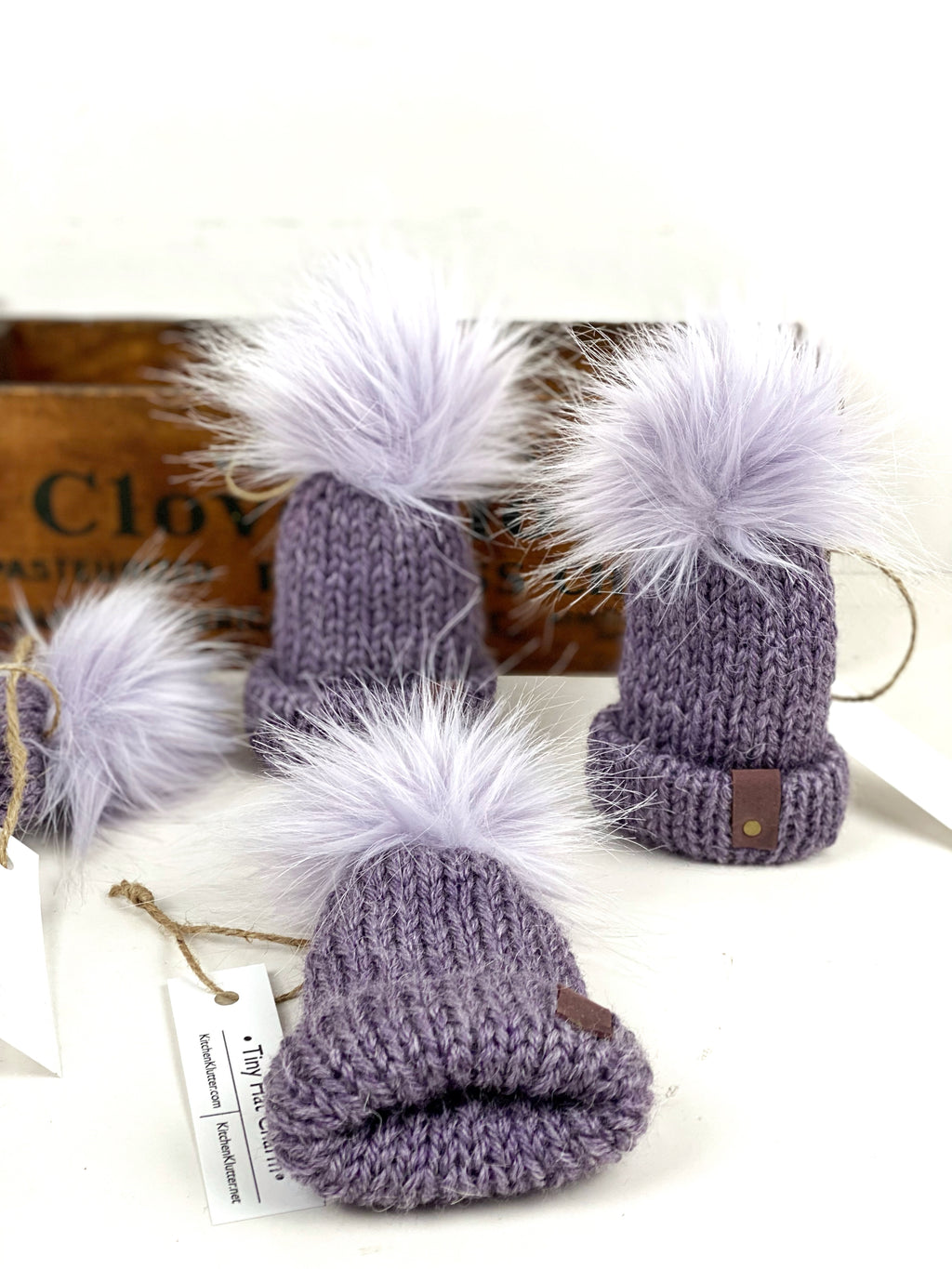 Lilac Tiny Knit Hat Ornament, Folded Brim Tiny Hat Ornament, Tiny Hat Car Purse Charm