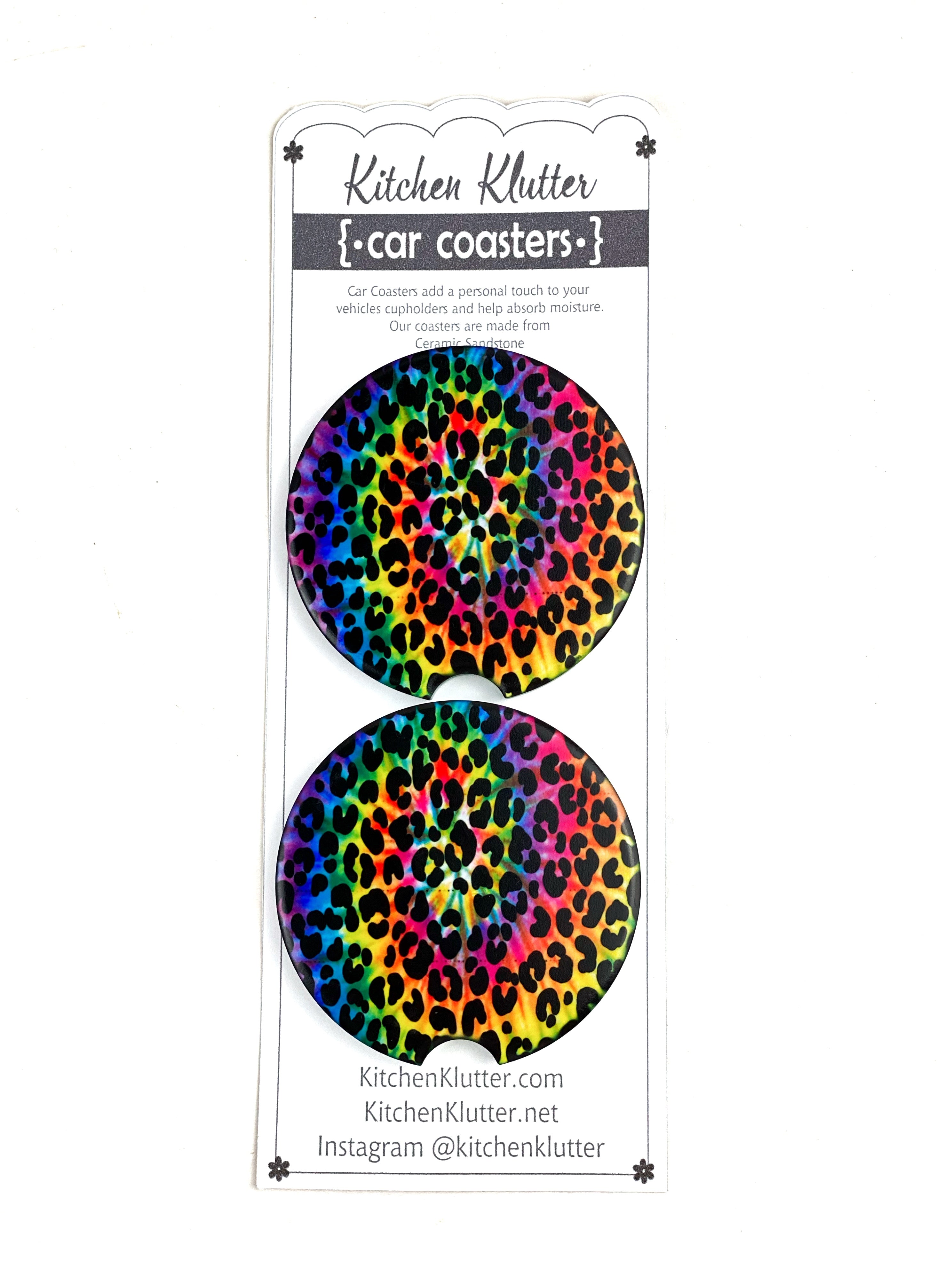 Tie Dye Leopard Print Car Coasters Ceramic Stone Sublimation Set of 2