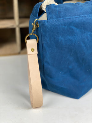 Denim Blue Waxed Canvas Project Bag Knit or Crochet Drawstring Tote Strap Flat Bottom