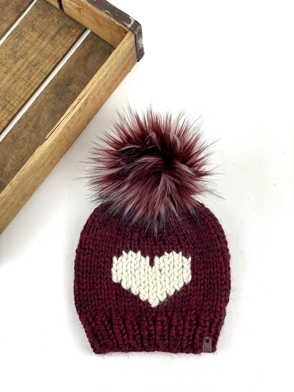 Burgundy Big Heart Hand Knit Beanie Wool Blend Hat Faux Fur Pom Womens Adult