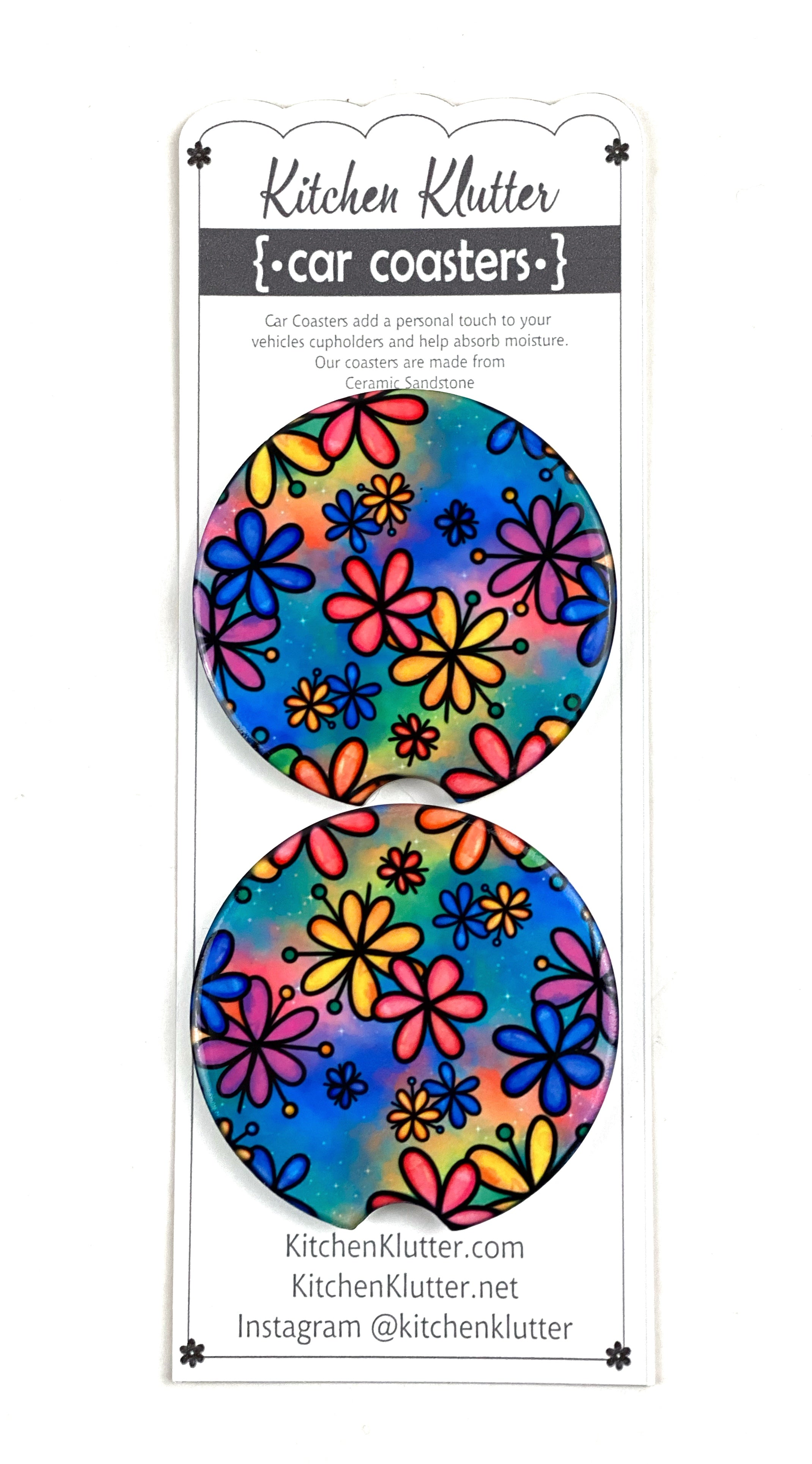 Art Pop Retro Flowers Car Coasters Ceramic Stone Sublimation Set of 2