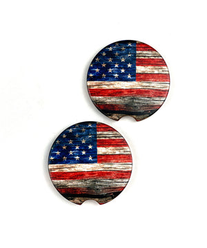 Distressed American Flag Car Coasters Ceramic Stone Sublimation Set of 2