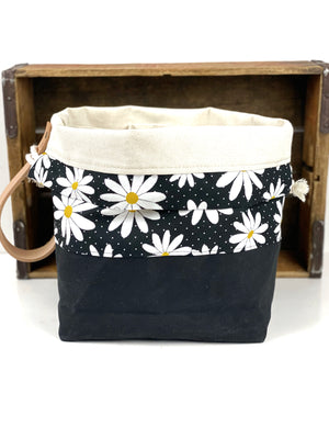 Daisies on Black Project Bag, Project Bag for Knitters, Knitting Bag, Black Floral Bag