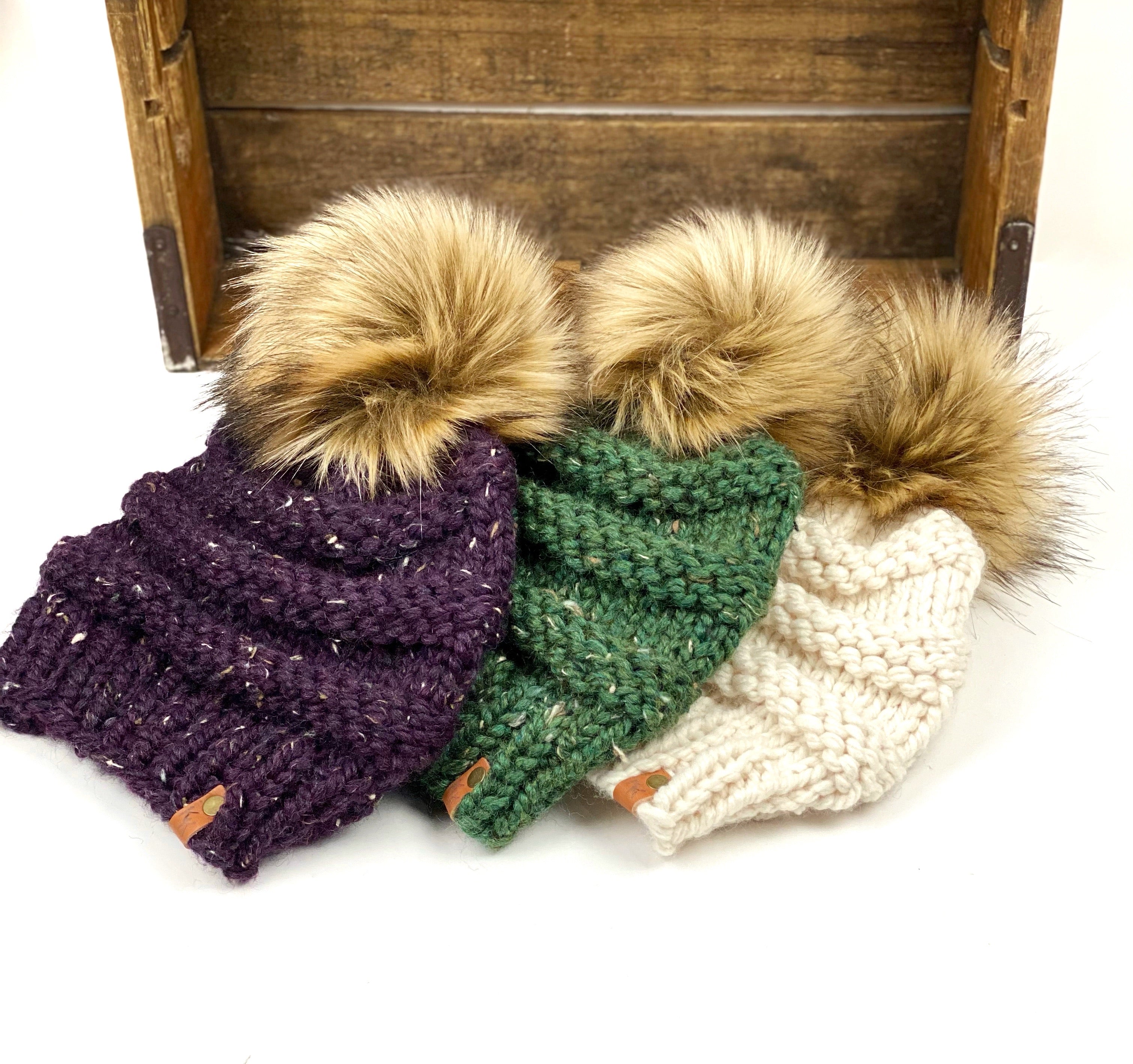 Freddie Beanie, Womens Knit Hat, Copy Cat Beanie, Wool Blend Toasted Marshmallow Faux Fur Pom