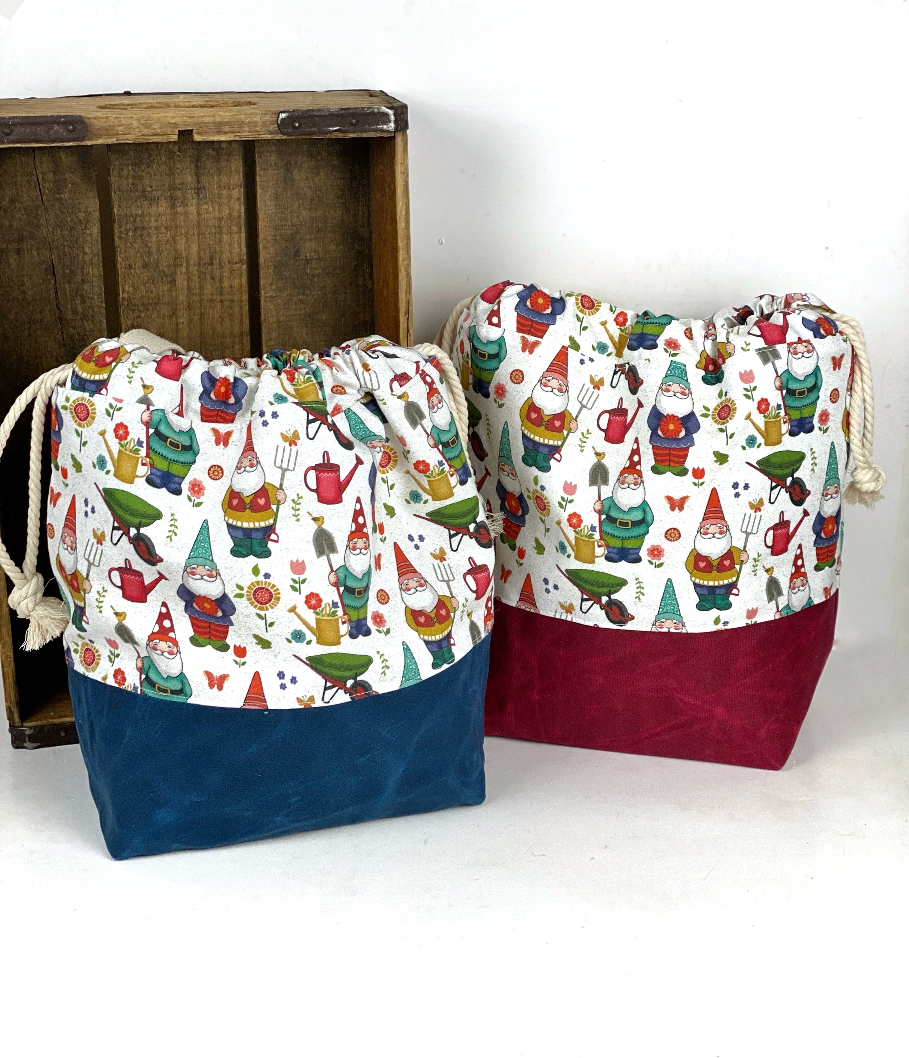 Garden Gnomes Canvas Project Bag, Project Bag for Knitters, Gnome Canvas Bag, Crochet Bag, Whimsical Project Bag