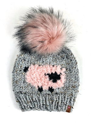 Furry Pink or Sheep Chicken Beanie Wool Blend Womens Adult Hat Faux Fur Pom Pom Hat