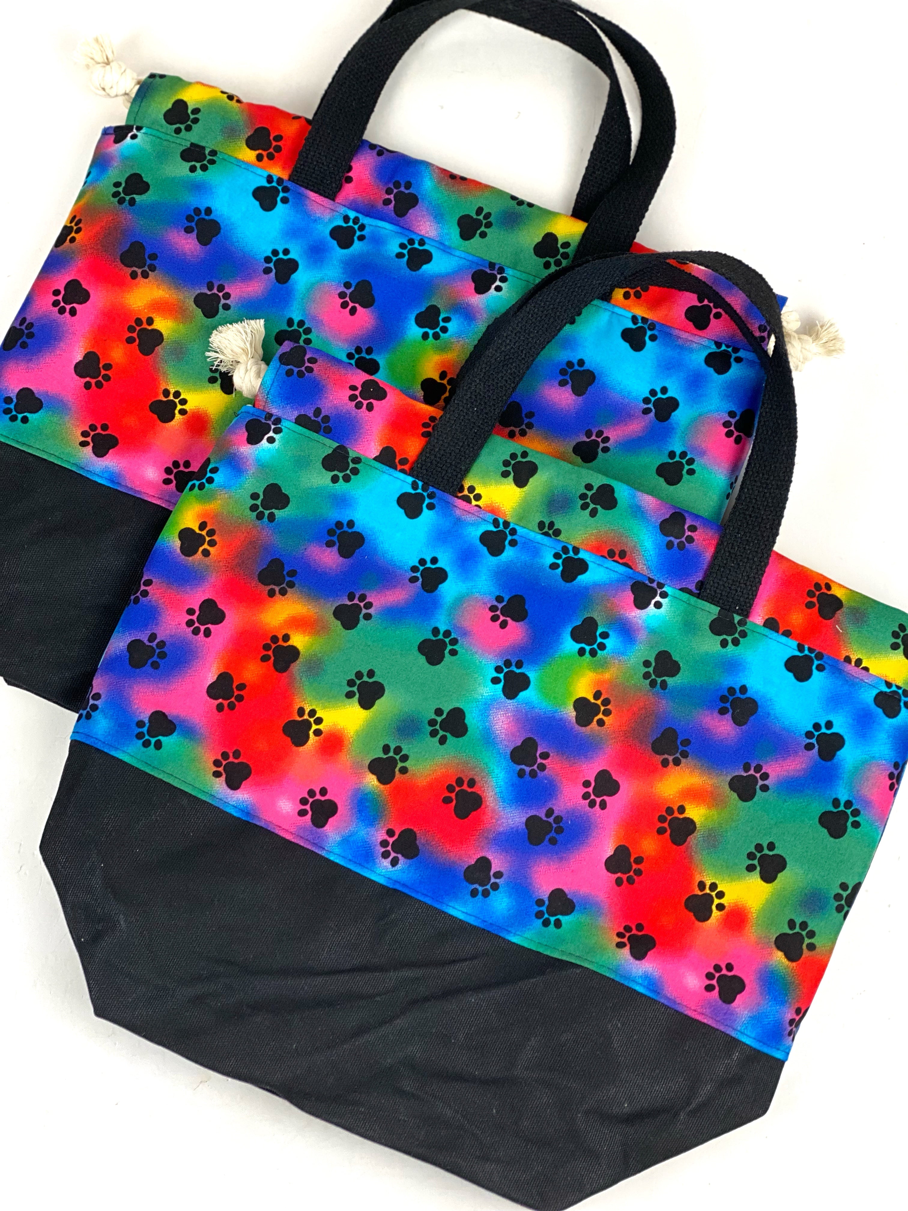 Rainbow Paw Prints on Black Project Bag, Project Bag for Knitters, Knitting Bag, Black Floral Bag