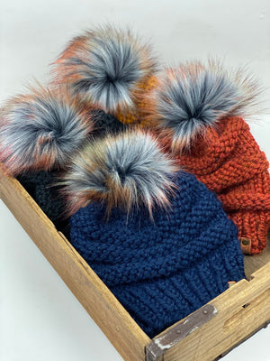 The Freddie Beanie, Womens Knit Hat, Copy Cat Beanie, Wool Blend Autumn Storm Faux Fur Pom
